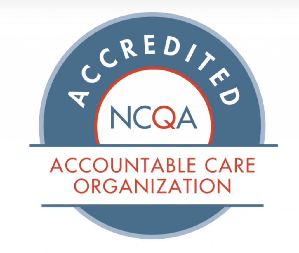 NCQA Accredited Accountable Care Organization blue circular logo with red and white text