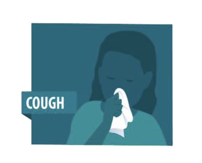 Blue illustration of a woman holding a tissue to her mouth with the word "cough" on the graphic.