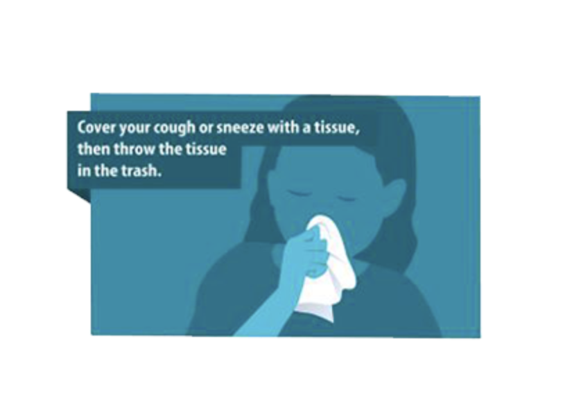 Blue illustration of a woman holding a tissue to her mouth. Text "Cover your cough or sneeze with a tissue, then throw the tissue in the trash."