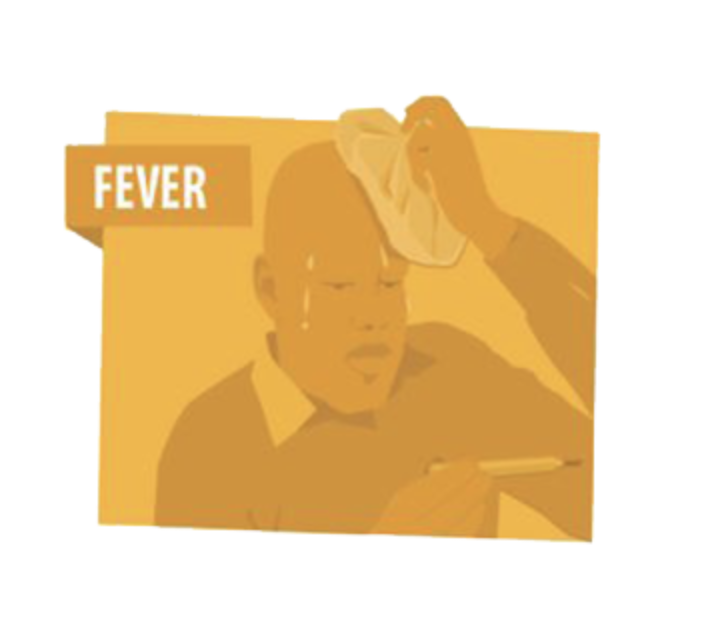 A yellow illustration of a man looking at a thermometer and holding an ice pack to his head to represent running a fever. The word fever on the graphic