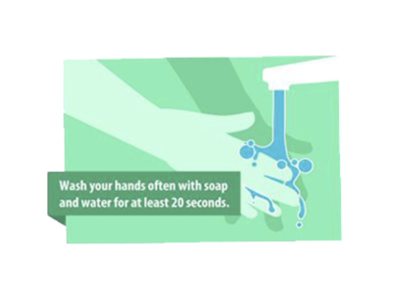 Green illustration of a pair of hands under the water stream from a sink. Text "Wash your hands often with soap and water for at least 20 seconds."